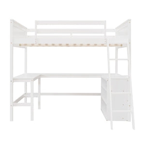 English Elm Full Size White Wood Loft Bed with Integrated Desk Shelves for Kids Teen Rooms LT000538AAK
