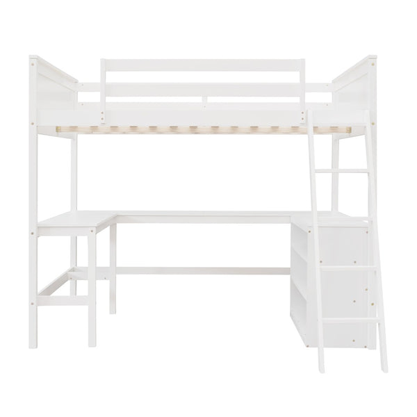 English Elm Full Size White Wood Loft Bed with Integrated Desk Shelves for Kids Teen Rooms LT000538AAK