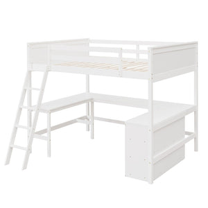 English Elm Full Size White Wood Loft Bed with Integrated Desk Shelves for Kids Teen Rooms LT000538AAK