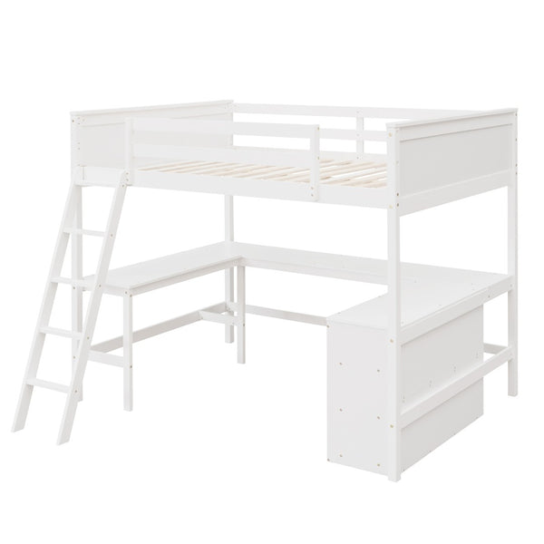 English Elm Full Size White Wood Loft Bed with Integrated Desk Shelves for Kids Teen Rooms LT000538AAK