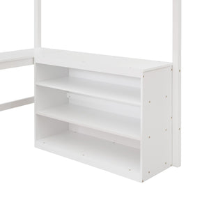 English Elm Full Size White Wood Loft Bed with Integrated Desk Shelves for Kids Teen Rooms LT000538AAK