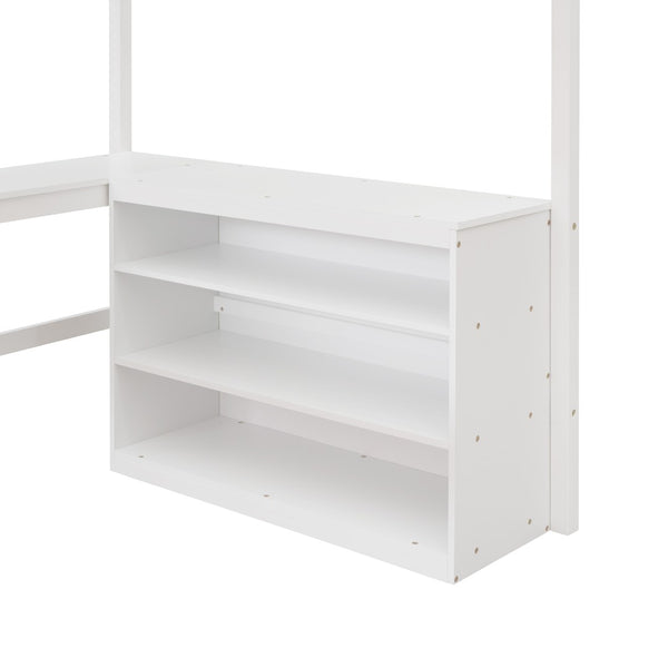 English Elm Full Size White Wood Loft Bed with Integrated Desk Shelves for Kids Teen Rooms LT000538AAK