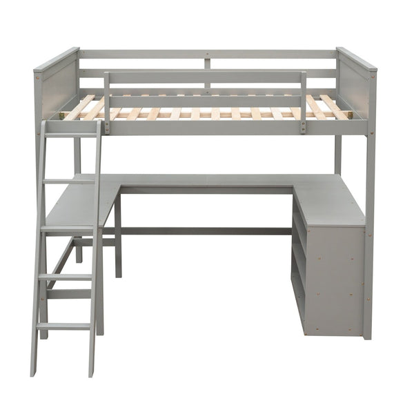 English Elm Full Size White Wood Loft Bed with Integrated Desk Shelves for Kids Teen Rooms Gray LT000538AAE