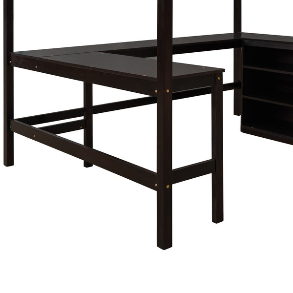 English Elm Full Size White Wood Loft Bed with Integrated Desk Shelves for Kids Teen Rooms Espresso LT000538AAP