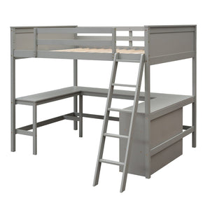 English Elm Full Size White Wood Loft Bed with Integrated Desk Shelves for Kids Teen Rooms Gray LT000538AAE