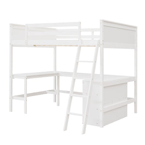 English Elm Full Size White Wood Loft Bed with Integrated Desk Shelves for Kids Teen Rooms LT000538AAK