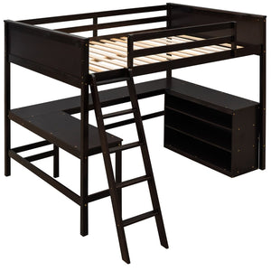 English Elm Full Size White Wood Loft Bed with Integrated Desk Shelves for Kids Teen Rooms Espresso LT000538AAP