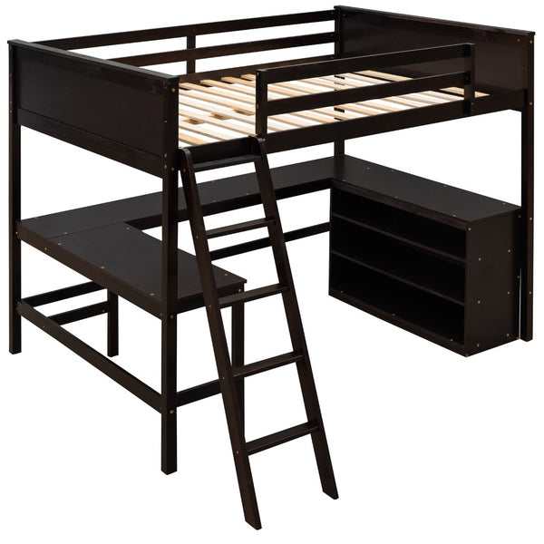 English Elm Full Size White Wood Loft Bed with Integrated Desk Shelves for Kids Teen Rooms Espresso LT000538AAP