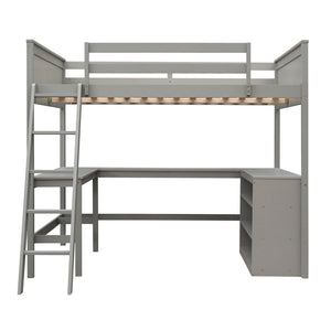 English Elm Full Size White Wood Loft Bed with Integrated Desk Shelves for Kids Teen Rooms Gray LT000538AAE