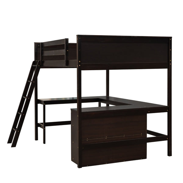 English Elm Full Size White Wood Loft Bed with Integrated Desk Shelves for Kids Teen Rooms Espresso LT000538AAP