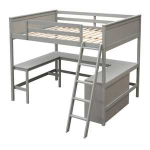 English Elm Full Size White Wood Loft Bed with Integrated Desk Shelves for Kids Teen Rooms Gray LT000538AAE