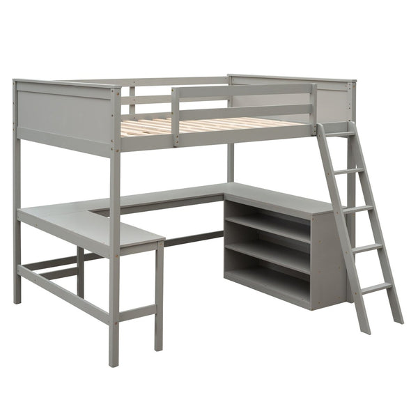 English Elm Full Size White Wood Loft Bed with Integrated Desk Shelves for Kids Teen Rooms Gray LT000538AAE