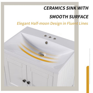 English Elm [video] 24 Inch Freestanding Bathroom Vanity Birch Wood Frame Ceramic Sink Open Shelf JL000004AAK