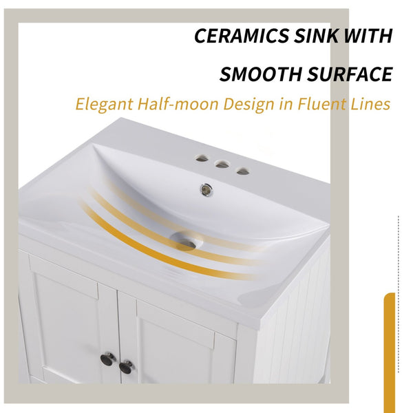 English Elm [video] 24 Inch Freestanding Bathroom Vanity Birch Wood Frame Ceramic Sink Open Shelf JL000004AAK