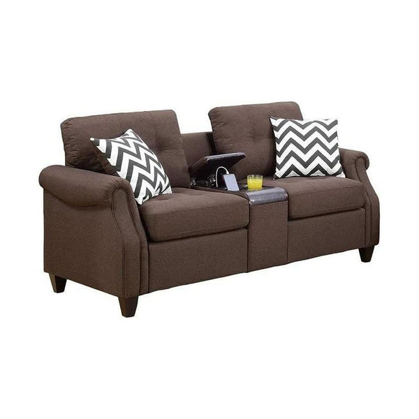 English Elm 2pcs Plush Polyfiber Sofa Set with Loveseat & USB Console, Cupholders, Pattern Pillows, Dark Coffee Finish B011S00114