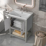 Hearth and Haven Roland Bathroom Vanity with Ceramic Sink and Open Shelf, Grey and White