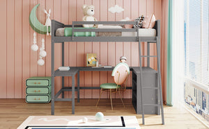English Elm Full Size White Wood Loft Bed with Integrated Desk Shelves for Kids Teen Rooms Gray LT000538AAE