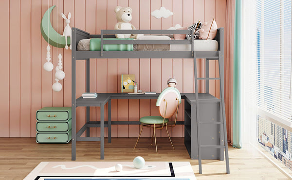 English Elm Full Size White Wood Loft Bed with Integrated Desk Shelves for Kids Teen Rooms Gray LT000538AAE
