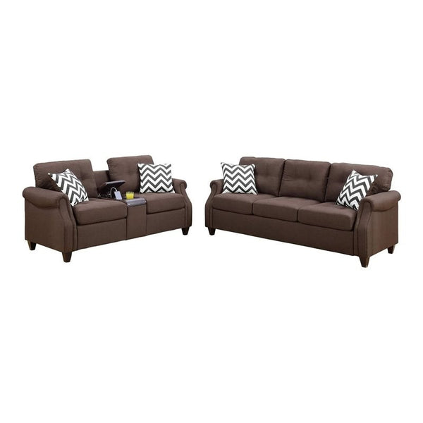 English Elm 2pcs Plush Polyfiber Sofa Set with Loveseat & USB Console, Cupholders, Pattern Pillows, Dark Coffee Finish B011S00114