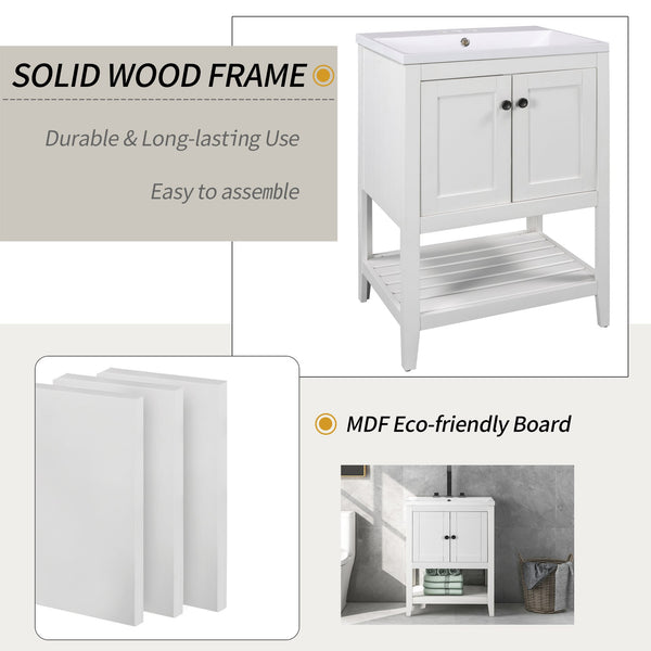 English Elm 24" Modern Sleek Bathroom Vanity with Ceramic Sink, Solid Wood Frame, Waterproof Finish and Open Shelf Storage White N725P246473K