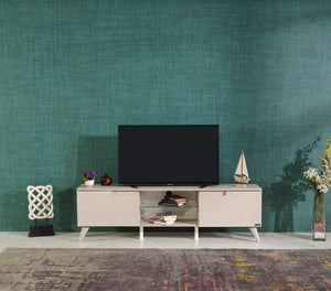 English Elm Furnishome Denver Mid Century Modern Tv Stand With 2 Doors, Glass Shelf, And Stylish Beige Finish B02949499