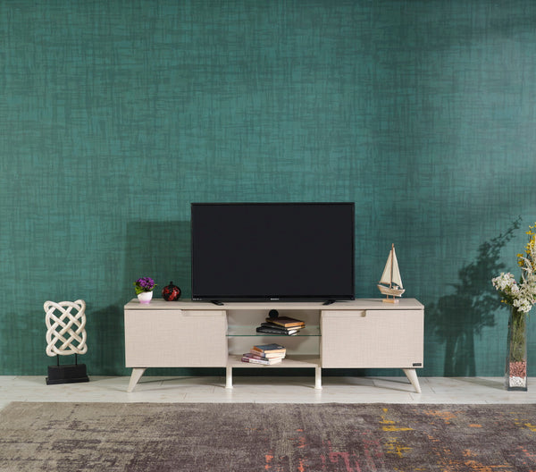 English Elm Furnishome Denver Mid Century Modern Tv Stand With 2 Doors, Glass Shelf, And Stylish Beige Finish B02949499