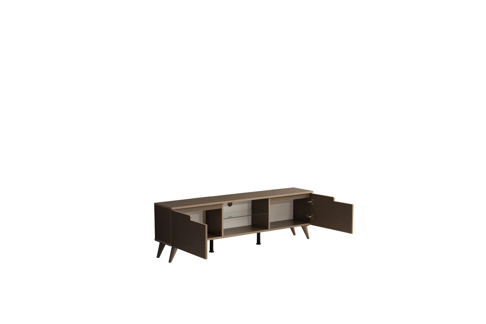 English Elm FurnisHome Denver 66" Mid Century Modern TV Stand – Solid Wood 2-Door Console w/ Glass Shelf, Brown B02949500