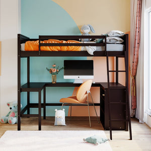 English Elm Full Size White Wood Loft Bed with Integrated Desk Shelves for Kids Teen Rooms Espresso LT000538AAP