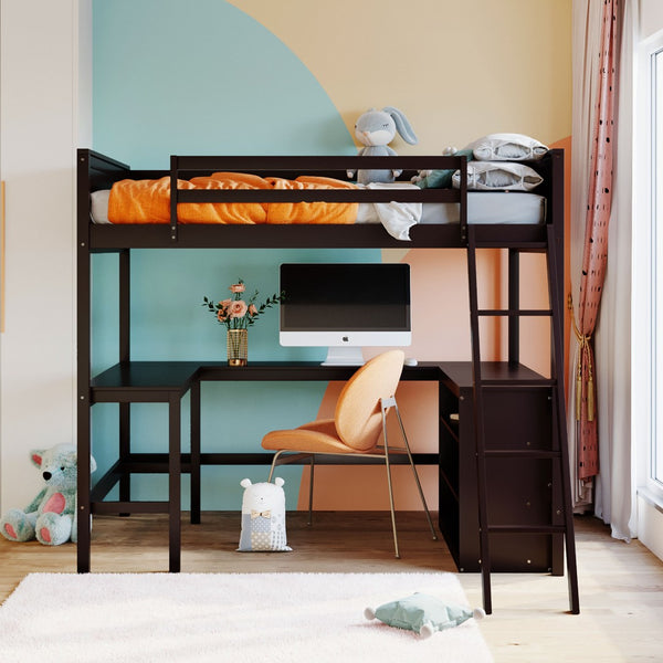 English Elm Full Size White Wood Loft Bed with Integrated Desk Shelves for Kids Teen Rooms Espresso LT000538AAP