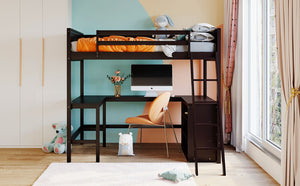 English Elm Full Size White Wood Loft Bed with Integrated Desk Shelves for Kids Teen Rooms Espresso LT000538AAP
