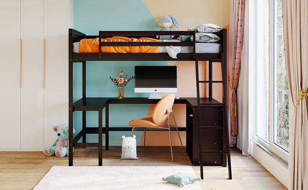 English Elm Full Size White Wood Loft Bed with Integrated Desk Shelves for Kids Teen Rooms Espresso LT000538AAP