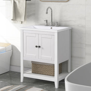 English Elm [video] 24 Inch Freestanding Bathroom Vanity Birch Wood Frame Ceramic Sink Open Shelf JL000004AAK