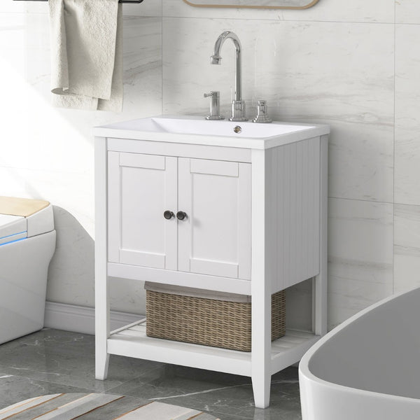 English Elm [video] 24 Inch Freestanding Bathroom Vanity Birch Wood Frame Ceramic Sink Open Shelf JL000004AAK