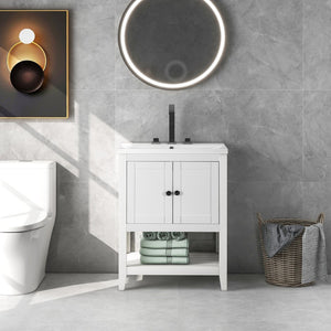 English Elm [video] 24 Inch Freestanding Bathroom Vanity Birch Wood Frame Ceramic Sink Open Shelf JL000004AAK