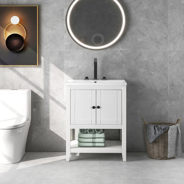 English Elm [video] 24 Inch Freestanding Bathroom Vanity Birch Wood Frame Ceramic Sink Open Shelf JL000004AAK