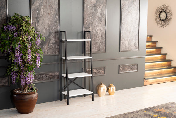 English Elm Leon 5 Tier Modern Ladder Bookshelf — Space-Saving Metal Frame Bookcase with Solid Wood Shelves for Living Room and Office (59" x 16") White B02949536