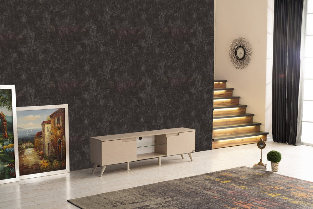 English Elm Furnishome Denver Mid Century Modern Tv Stand With 2 Doors, Glass Shelf, And Stylish Beige Finish B02949499