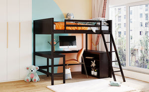 English Elm Full Size White Wood Loft Bed with Integrated Desk Shelves for Kids Teen Rooms Espresso LT000538AAP