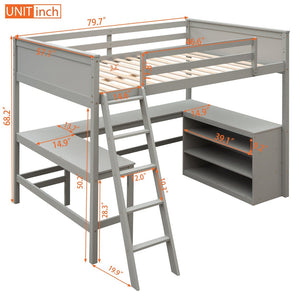 English Elm Full Size White Wood Loft Bed with Integrated Desk Shelves for Kids Teen Rooms Gray LT000538AAE