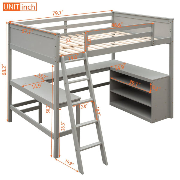 English Elm Full Size White Wood Loft Bed with Integrated Desk Shelves for Kids Teen Rooms Gray LT000538AAE