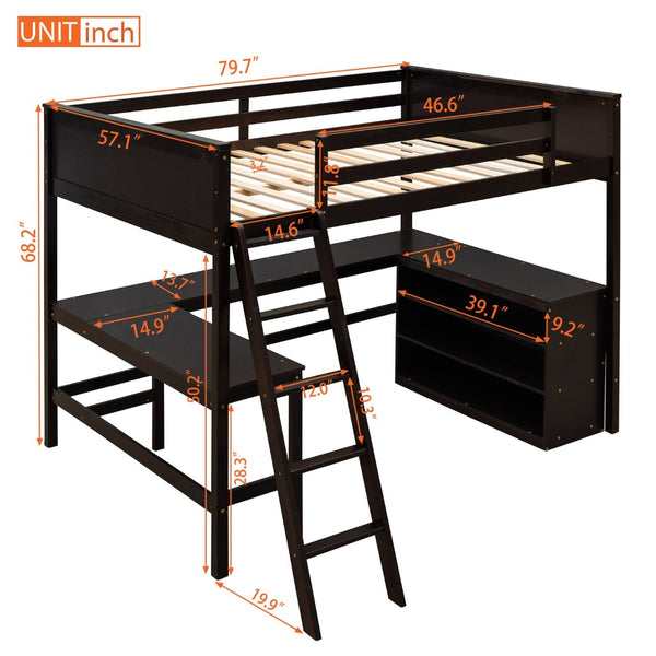 English Elm Full Size White Wood Loft Bed with Integrated Desk Shelves for Kids Teen Rooms Espresso LT000538AAP
