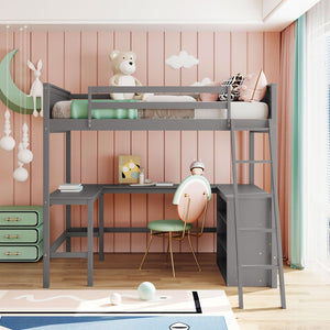 English Elm Full Size White Wood Loft Bed with Integrated Desk Shelves for Kids Teen Rooms Gray LT000538AAE