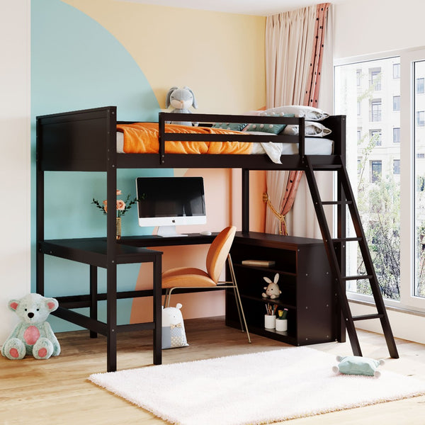 English Elm Full Size White Wood Loft Bed with Integrated Desk Shelves for Kids Teen Rooms Espresso LT000538AAP