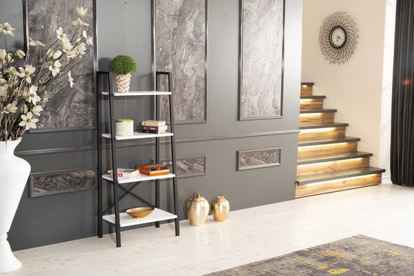 English Elm Leon 5 Tier Modern Ladder Bookshelf — Space-Saving Metal Frame Bookcase with Solid Wood Shelves for Living Room and Office (59" x 16") White B02949536