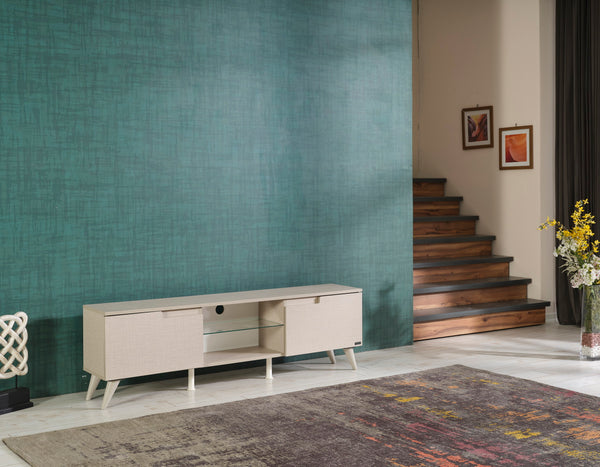 English Elm Furnishome Denver Mid Century Modern Tv Stand With 2 Doors, Glass Shelf, And Stylish Beige Finish B02949499