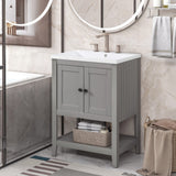 Hearth and Haven Roland Bathroom Vanity with Ceramic Sink and Open Shelf, Grey and White
