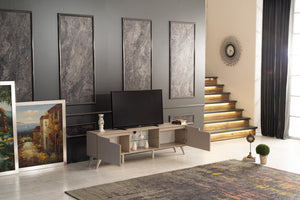 English Elm Furnishome Denver Mid Century Modern Tv Stand With 2 Doors, Glass Shelf, And Stylish Beige Finish B02949499