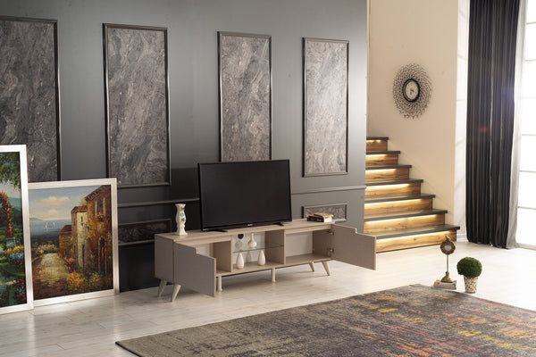 English Elm Furnishome Denver Mid Century Modern Tv Stand With 2 Doors, Glass Shelf, And Stylish Beige Finish B02949499