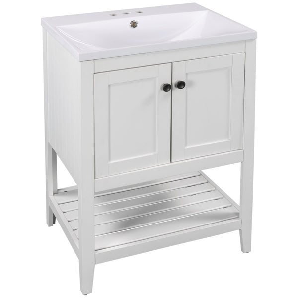 English Elm [video] 24 Inch Freestanding Bathroom Vanity Birch Wood Frame Ceramic Sink Open Shelf JL000004AAK