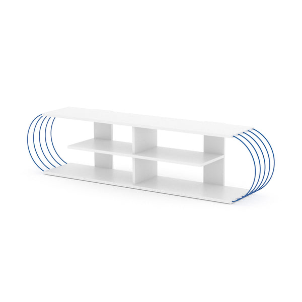 English Elm Furnis Mid Century TV Stand 68" White Blue Solid Wood 4 Shelves Open Storage Console Stylish Modern Design B02949475